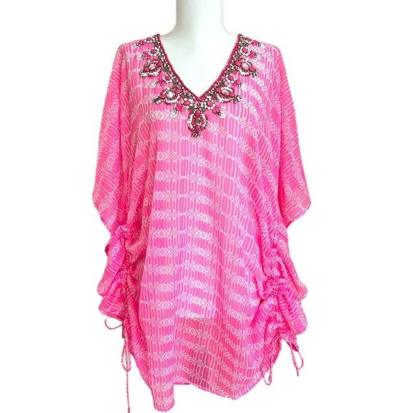 NWT Yumi Kim Maze Cover Up Jeweled Beaded Cinched Kaftan Hot Pink Sheer Size M/L - Picture 1 of 16